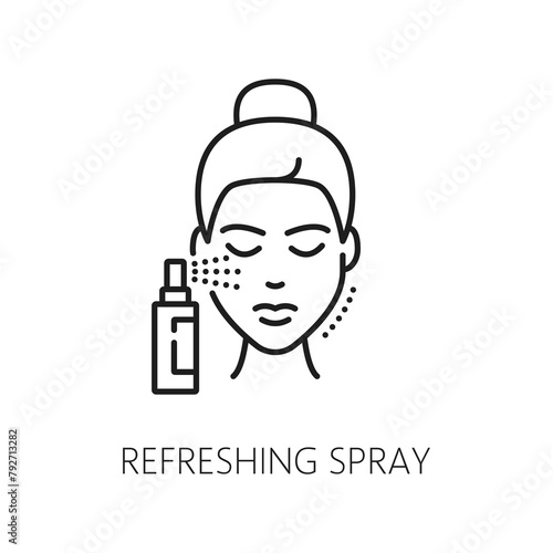 Face skin refreshing spray, skincare cosmetology icon. Face skin health, dermatology treatment and cosmetology skincare cosmetics, spa salon mesotherapy product linear vector icon with skincare spay