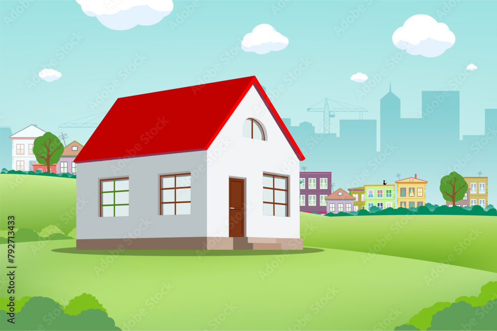 House in the suburbs against the background of the urban landscape. Property for sale. Stock vector illustration