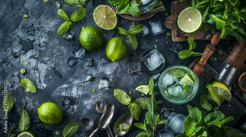 Mint, lime, ice, ingredients and bar utensils for making mojito cocktail --ar 16:9 Job ID: 41ef88b1-cc40-4186-9959-7ffdf4d282cc