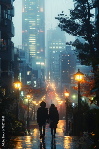 Two people are walking down a street in the rain, AI © starush