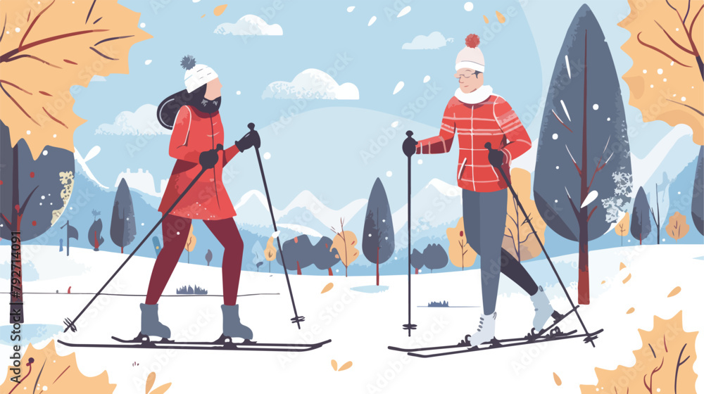 Young man and woman on cross-country skiing in the park