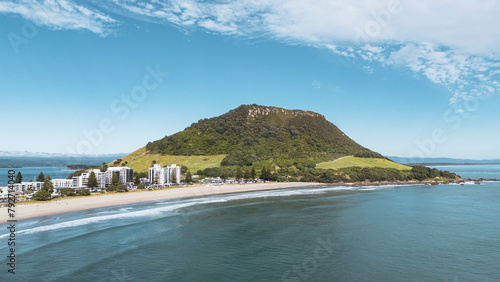 Aerial view of a mountain from the beach in Mount Maunganui, New Zealand photo