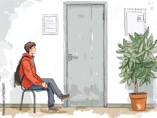 Nervous Student Thesis Defense: Anxious Moments Before Final Exam in Animated Illustration