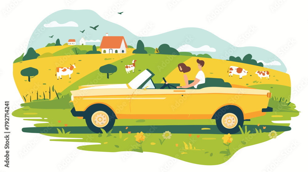 Young man and woman rides a classic convertible car.