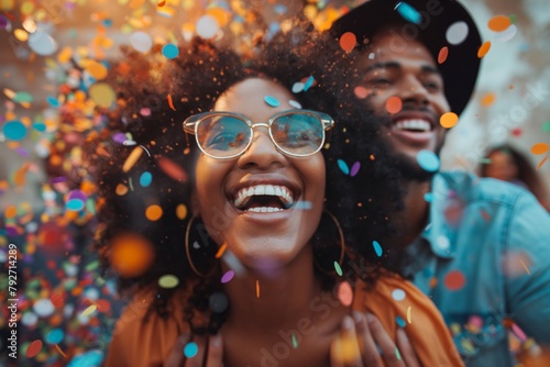 African American couple with joyous expressions amidst a whirl of colorful confetti