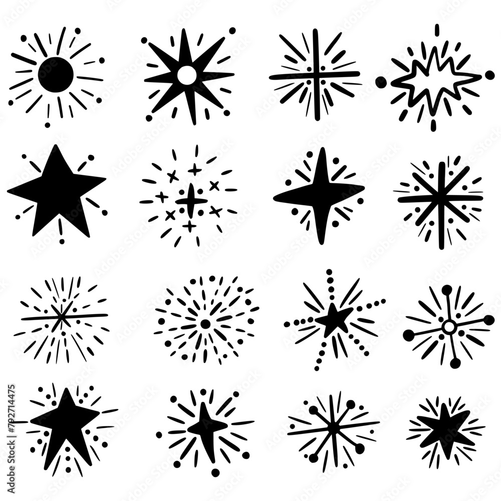 Set of abstract stars. Doodle. Hand drawing. Explosion. Simple style