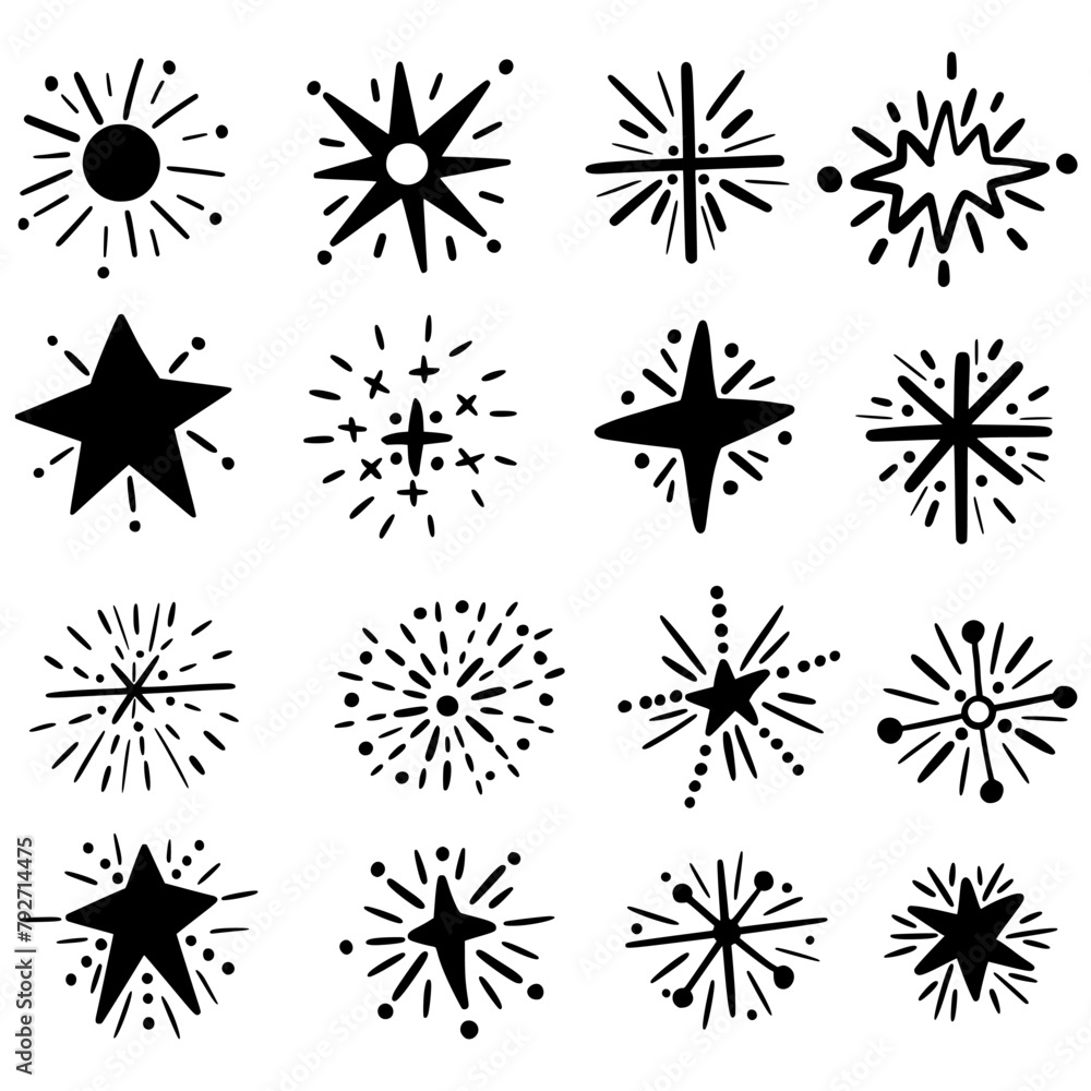 Set of abstract stars. Doodle. Hand drawing. Explosion. Simple style Set of abstract stars. Doodle. Hand drawing. Explosion. Simple style