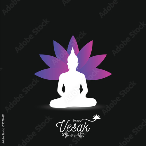 Happy Vesak Day Calligraphy with Meditating Buddha Illustration with Lotus Background