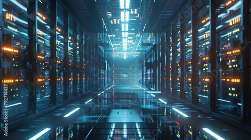 server room corridor with glowing blue lights and reflections