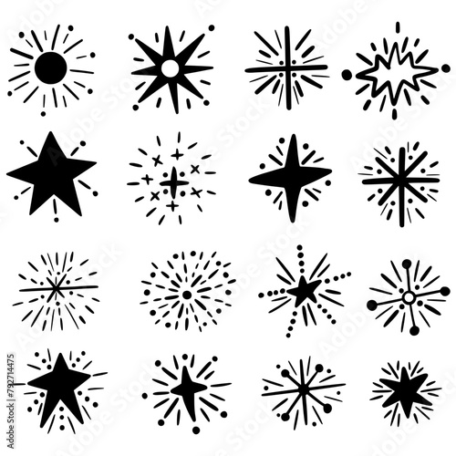 Set of abstract stars. Doodle. Hand drawing. Explosion. Simple style