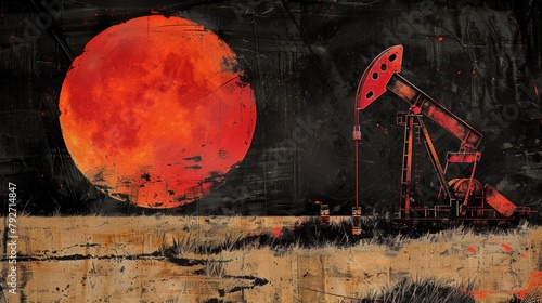 A painting of a red moon and an oil pump in the desert, AI