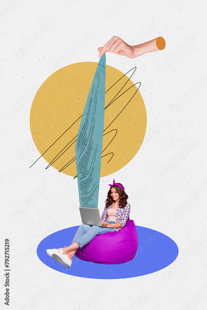 Obraz premium Trend artwork 3D collage image of young pinup lady type sit on beanbag hold laptop in hand huge hand in air oull text from device screen