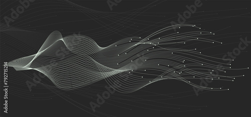 Abstract white wavy fluid lines in motion with small circles at the end isolated on a black background with editable stroke. High-speed lines concept for science, communication, AI, technology, 5G