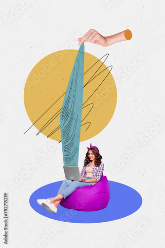 Trend artwork 3D collage image of young pinup lady type sit on beanbag hold laptop in hand huge hand in air oull text from device screen