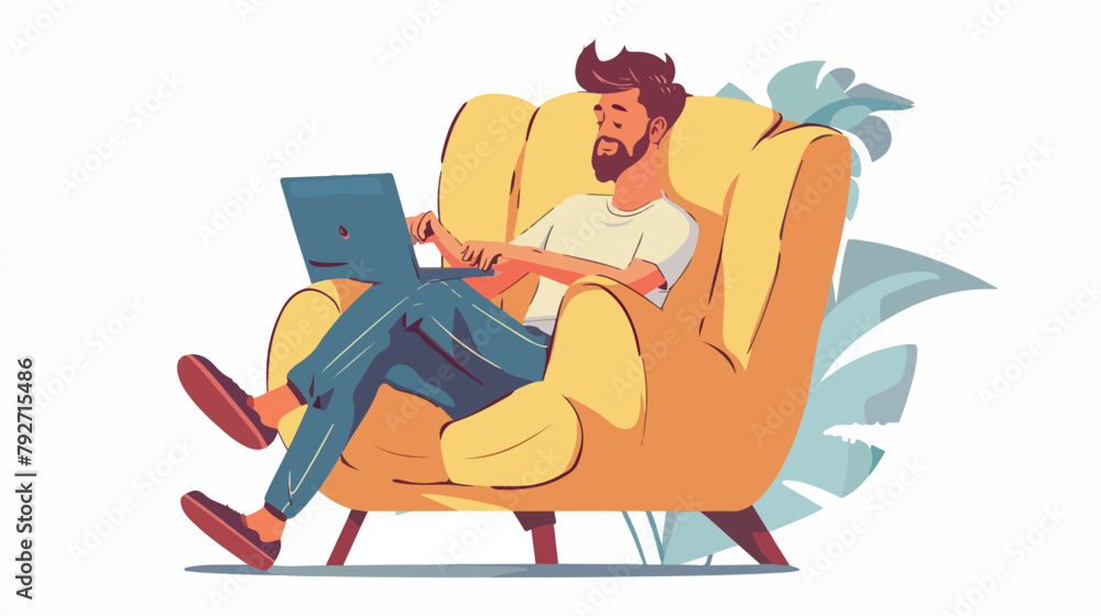 Young man is relaxing on comfortable chair and using