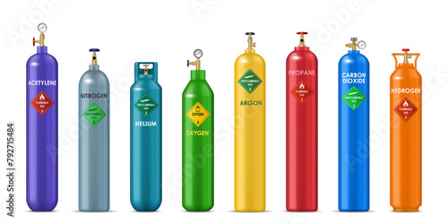 Realistic gas cylinders of hydrogen, oxygen, propane and acetylene compressed gas, vector metal balloons. LPG canisters or gas storage barrels with label of helium, argon, carbon dioxide and nitrogen photo