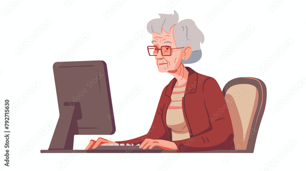 Grandmother using computer. Vector flat style illustration