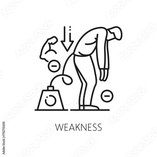 Weakness line icon, vector hematology, anemia symptom and physical disease. Exhausted, tired or weak man with body heaviness outline sign of anaemia blood disorder and lack hemoglobin symptoms