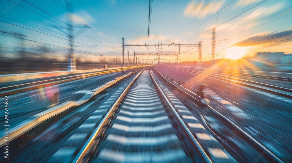 Railroad in motion at sunset. Railway station with motion blur effect against colorful blue sky, Industrial concept background. Railroad travel, railway tourism. Blurred railway. Transportation Railroad in motion at sunset. Railway station with motion blur effect against colorful blue sky, Industrial concept background. Railroad travel, railway tourism. Blurred railway. Transportation