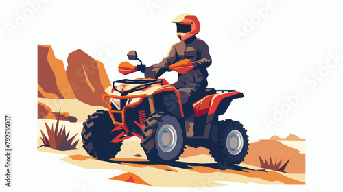 Young man riding on the ATV motorcycle in desert. Vector