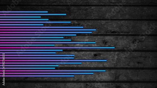 Grunge wooden background with blue purple neon laser lines