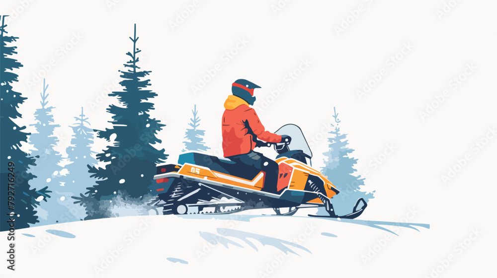 Young man riding Snowmobile isolated. Winter forest l