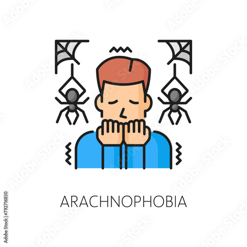 Person mental anxiety, human phobia, arachnophobia psychology problem line color icon. Mental disorder, people psychology or phobia fear thin line vector pictogram or sign with man scared of spiders