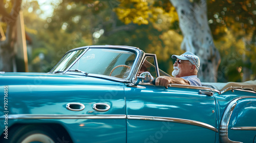 Senior man driving vintage blue convertible ..