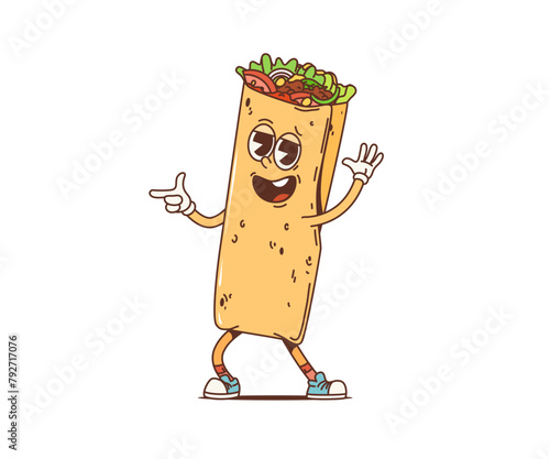 Cartoon retro Mexican burrito groovy character dance and gesturing to the funky beat of disco music. Isolated vector shawarma comic fast food personage, vintage nostalgic dancer with 60s or 70s vibes