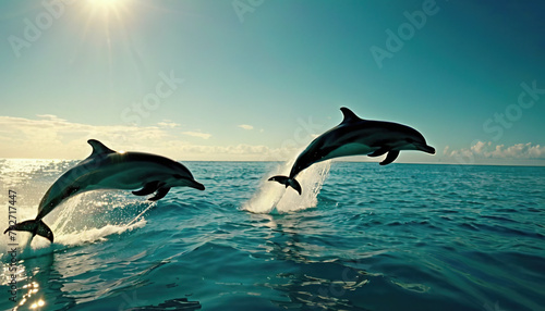 A pod of dolphins gliding in the open ocean at sunset © Vladislav