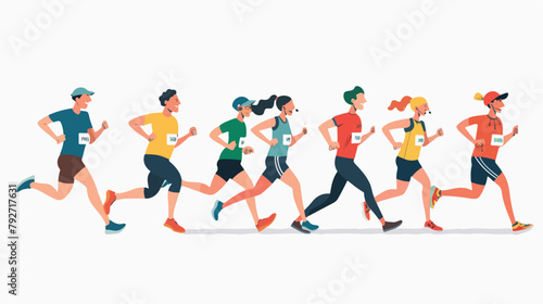 Young people running marathon. Vector flat style illustration