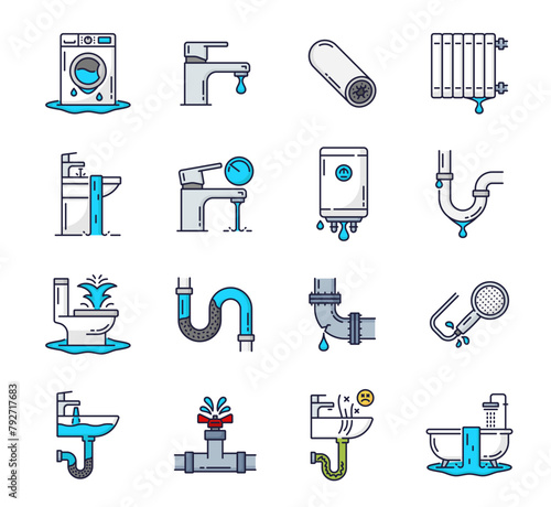 Color plumbing service icons. Toilet, clogged pipe, drain, bathroom and shower problems. Sewage cleaning, plumbing service or pipe unclog line vector icon with washing machine, toilet, bath and faucet