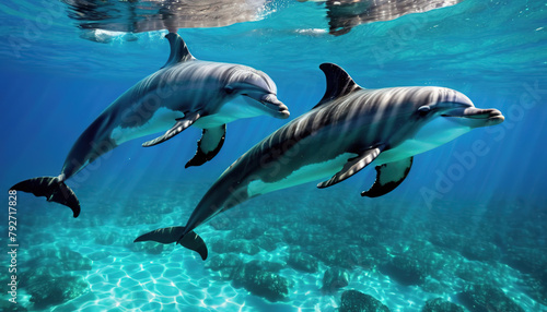 a group of dolphins swimming in the water © Vladislav
