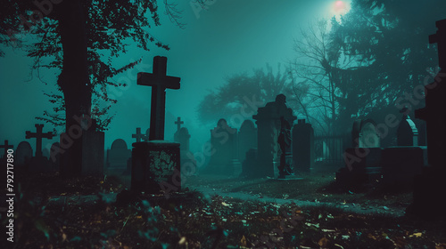 A cemetery at night with a prominent cross in the foreground, casting eerie shadows in the moonlight. Copy space.