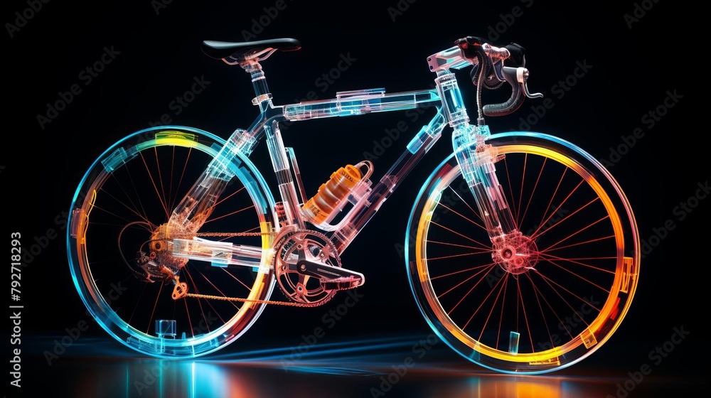 Fototapeta premium Photo of a bicycle represented as a neon hologram, centered in a volumetric atomic core with intricate streaming data
