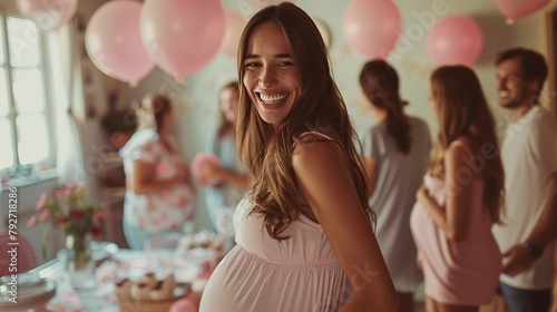 A pregnant woman with a joyous expression at a baby shower, surrounded by friends, balloons, and decorations photo