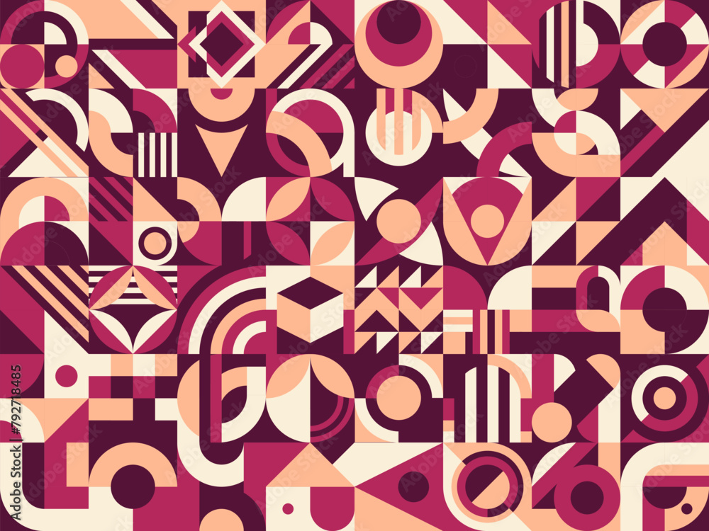 Maroon, purple and beige abstract modern geometric pattern, vector background. Minimal simple mosaic shapes and minimal geometric elements in retro art colors of abstract pattern background Maroon, purple and beige abstract modern geometric pattern, vector background. Minimal simple mosaic shapes and minimal geometric elements in retro art colors of abstract pattern background