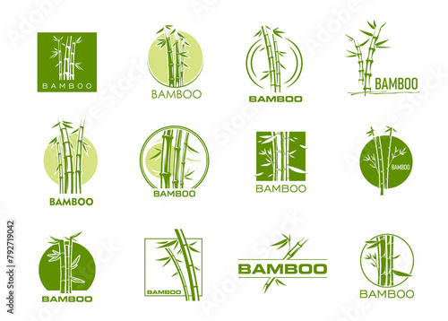 Bamboo icons, spa massage, beauty and health symbols with green trees and leaves vector silhouettes. Asian jungle forest bamboo plant stalks isolated badges, resort, hotel, organic cosmetics emblems