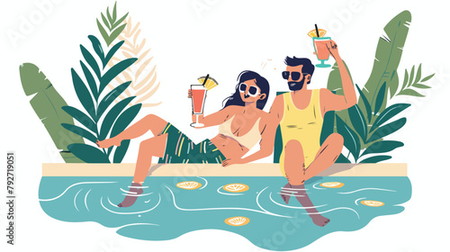 Happy couple sitting and drinking cocktails by swimming