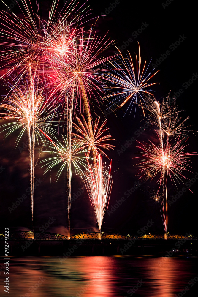 Fireworks, New years eve celebration, Burnett Bridge River, Bundaberg, Queensland, Australia. Fireworks, New years eve celebration, Burnett Bridge River, Bundaberg, Queensland, Australia.