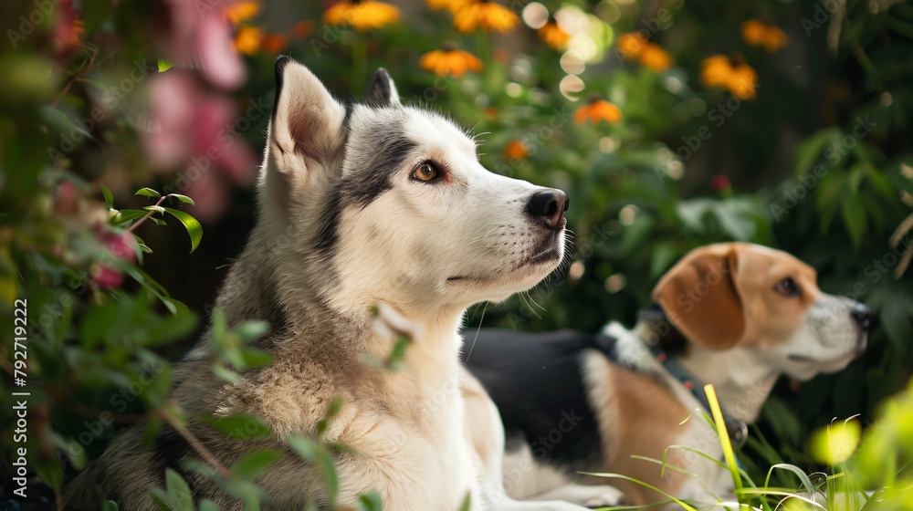 Siberain Husky and beagle in garden.