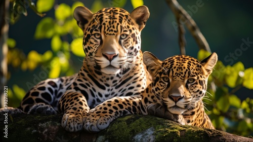 A pair of elegant leopards relax on a large rock in the sun