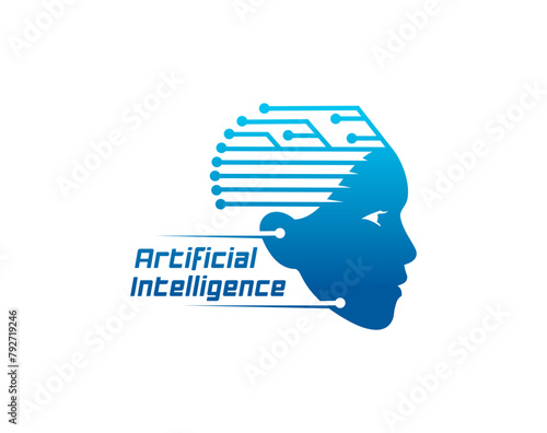 Artificial Intelligence icon of AI head with digital data brain for mind technology, vector emblem. Artificial Intelligence tech symbol with head and brain circuit network for intelligent innovation