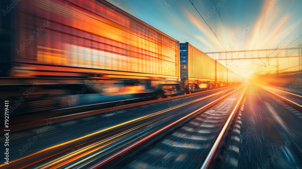 Train moves by rail, delivery of goods by freight train. Train carriages at the station. Railroad in motion at sunset. Railway station with motion blur effect against colorful blue sky. Train moves by rail, delivery of goods by freight train. Train carriages at the station. Railroad in motion at sunset. Railway station with motion blur effect against colorful blue sky.