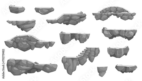 Cartoon rock stone isolated game platforms. Mobile arcade environment ground vector jumping platforms. Videogame level flying stone world elements or computer 2d game floating rock islands collection