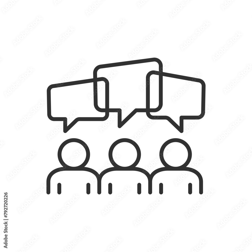 Conversation and dialogue, linear icon. Communication. People and speech bubbles overhead. Line with editable stroke Conversation and dialogue, linear icon. Communication. People and speech bubbles overhead. Line with editable stroke