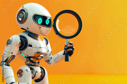 Close-up of a modern white robot with magnifying glass on yellow