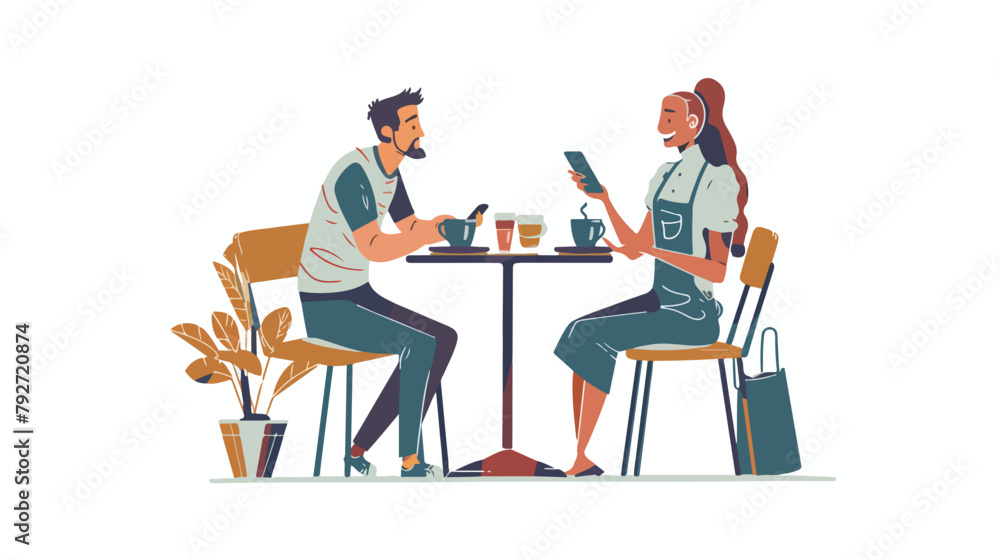 Young woman and man sitting with smartphones 