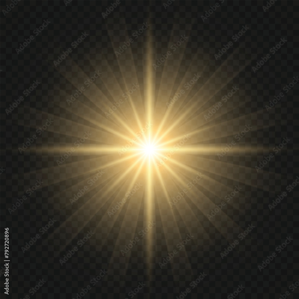 Vector gold light rays on a transparent background. Shining sun.