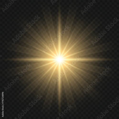 Vector gold light rays on a transparent background. Shining sun.
